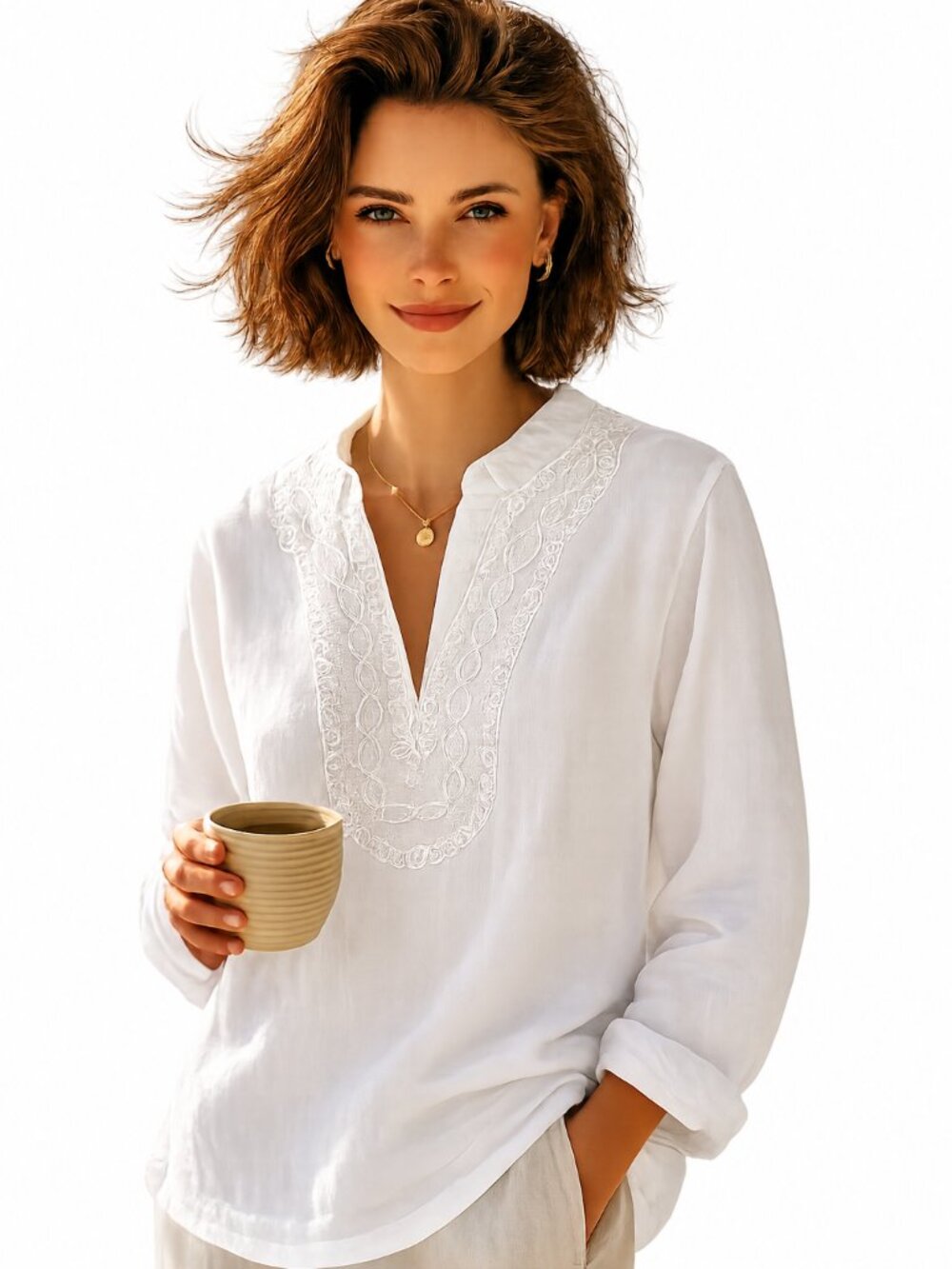 Sigrid Olsen White Embroidered Linen Tunic Blouse